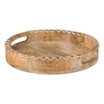 Tray made of mango wood with handle MELOBU, with decorative stitching, natural, 2"/5cm, Ø12"/30cm