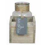 Glass bottle LORRIE in wooden box, clear, 3.5"x3.5"x5.1"/9x9x13cm