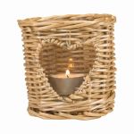 NIKOLETTE rattan tea light holder with glass insert, heart-shaped cut-out, natural-clear, 10 cm, Ø 9 cm