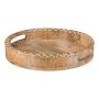 Tray made of mango wood with handle MELOBU, with decorative stitching, natural, 2"/5cm, Ø12"/30cm