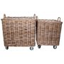 Rattan firewood baskets ALGAN with handle, on wheels, 2 pieces, square, brown, 50-55cm