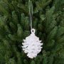 Acrylic hanging ornament Fir cone CATHARINA, glitter, white-silver, 3.5"/9cm, Ø2.8"/7cm