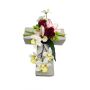 Artificial flower arrangement: magnolia, orchid, rose (OVANA), plant cross, white and pink, 28x18x10cm