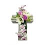 Artificial flower arrangement: magnolia, orchid, rose (OVANA), plant cross, white-purple-cream, 28x18x10cm