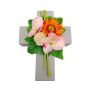 Artificial flower arrangement: Gerbera, orchid, Allium ANSGAR, plant cross, pink-orange, 20x15x9cm