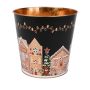 Zinc plant pot MAVETA with gingerbread house motif, black-copper, 7.1"/18cm, Ø8"/20.5cm