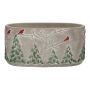 Oval concrete flower bowl MILKE, wintery bird motif, grey-red-green, 8"x4.6"x4"/20,5x11,8x10cm
