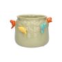 Ceramic flower pot BIRDIE, with 3D birds, green-orange-yellow-blue, 4.3"/11cm, Ø5.3"/13,5cm