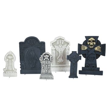 Halloween memorial stone / gravestones LUCRETIA, 6 pieces, stone optic, styrofoam, skull, grey-black