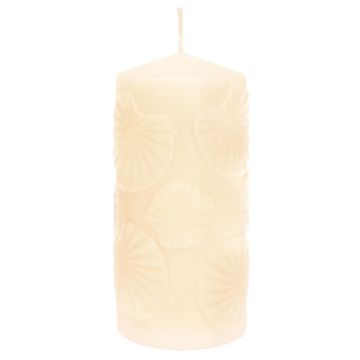 Pillar candle ANDRIANE with water lily leaf motif, cream, 5.9"/15cm, Ø2.8"/7cm, 63 hours Pillar candle ANDRIANE with water lily leaf motif, cream, 5.9"/15cm, Ø2.8"/7cm, 63 hours