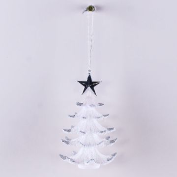 Acrylic hanging ornament Fir tree RION with star, glitter, white-silver, 4.7"/12cm, Ø3.5"/9cm
