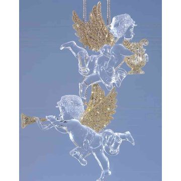 Acrylic pendant angel, 2 pieces, harp, lyre, glitter, gold, 3.5"x3.9"/9x10cm