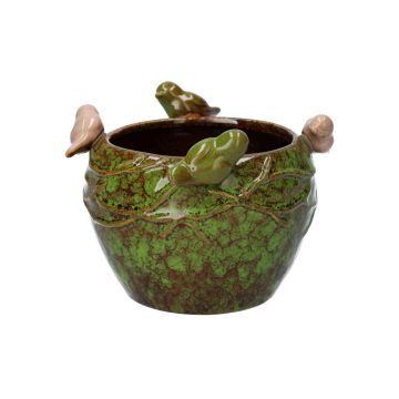 Flower pot SARINO made of ceramic, with 3D birds, green-brown-beige, 4.1"/10,5cm, Ø5.5"/14cm