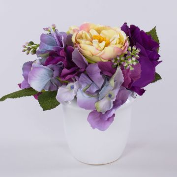 Artificial rose and hydrangea arrangement FELINE in ceramic pot, purple, 17cm, Ø18cm