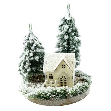 Decorative snowy landscape SEWARD with illuminated house, fir trees, LEDs, white-green, 10"/25cm, Ø8"/20cm Decorative snowy landscape SEWARD with illuminated house, fir trees, LEDs, white-green, 10"/25cm, Ø8"/20cm