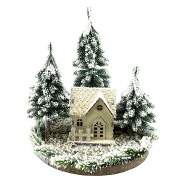Decorative snow scene with illuminated house SEWARD, fir trees, LEDs, white-green, 10"/25cm, Ø10"/25cm Decorative snow scene with illuminated house SEWARD, fir trees, LEDs, white-green, 10"/25cm, Ø10"/25cm