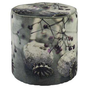 Velvet SARON stool, poppy motif, grey-purple-white, 45cm, Ø40cm