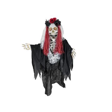 Halloween skeleton figure LA CATRINA with roses in the hair, sound and movement function, LEDs, 24"x12"x3ft/60x30x100cm
