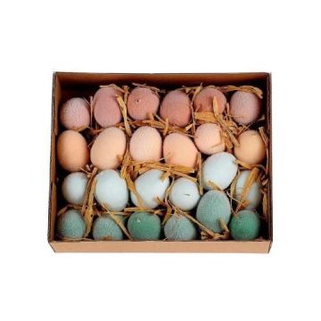 Decorative chicken eggs KUSUM, 24 pieces, Easter decoration, flocked, multicoloured Decorative chicken eggs KUSUM, 24 pieces, Easter decoration, flocked, multicoloured