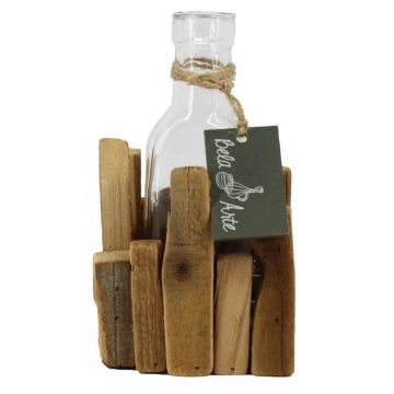 Glass bottle STOLLAN in wooden box, clear, 3.5"x3.5"x6.1"/9x9x15.5cm