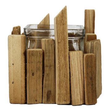 Maxi tealight holder SEAN in wooden frame, clear-beige, 4.1"x4.1"x4"/10,5x10,5x10cm