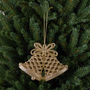 Acrylic hanging ornament Bells SCOUT, glitter, gold, 4.3"x1.2"x3.1"/11x3x8cm Acrylic hanging ornament Bells SCOUT, glitter, gold, 4.3"x1.2"x3.1"/11x3x8cm