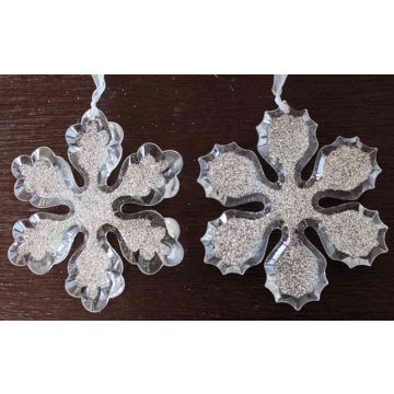 Acrylic hanging ornament snowflake YLVALIE, 2 pieces, glitter, transparent-silver, Ø4"/10cm