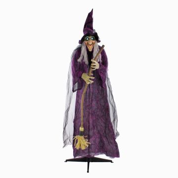Halloween decorative figure: FERDERRA witch with movement and sound functions, broom, LEDs, 175cm