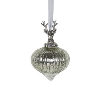 NUMI glass Christmas bauble, stag, bulb shape, silver, Ø10cm