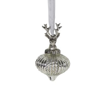 NUMI glass Christmas bauble, stag, bulb shape, silver, Ø8cm