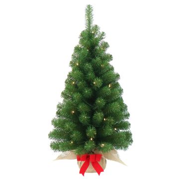 Artificial Christmas tree WARSCHAU, jute sack, red bow, LEDs, 35"/90cm, Ø20"/50cm Artificial Christmas tree WARSCHAU, jute sack, red bow, LEDs, 35"/90cm, Ø20"/50cm