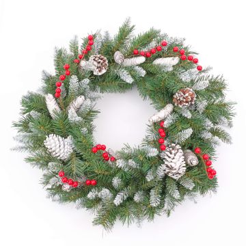 Decorative fir wreath MARLIES, crossdoor, flame retardant, snow, Ø 22"/55cm