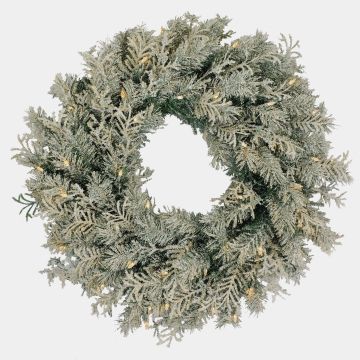 LUND decorative winter wreath, frosted, LEDs, green, Ø60cm LUND decorative winter wreath, frosted, LEDs, green, Ø60cm