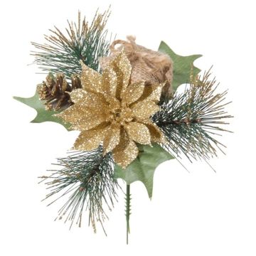 Artificial poinsettia arrangement, HERMINA pine with present, stand, gold, 21cm, Ø17cm