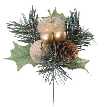 Plastic arrangement: apple, pear, HERMOSA pine with baubles, stand, gold, 20cm, Ø12cm Plastic arrangement: apple, pear, HERMOSA pine with baubles, stand, gold, 20cm, Ø12cm