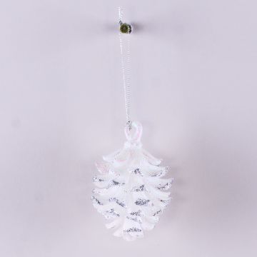 Acrylic hanging ornament Fir cone CATHARINA, glitter, white-silver, 3.5"/9cm, Ø2.8"/7cm