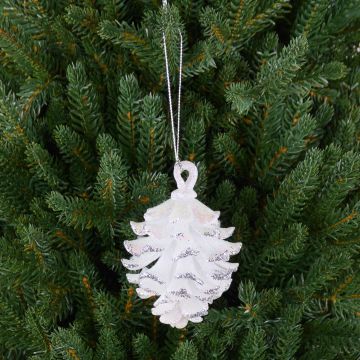 Acrylic hanging ornament Fir cone CATHARINA, glitter, white-silver, 3.5"/9cm, Ø2.8"/7cm Acrylic hanging ornament Fir cone CATHARINA, glitter, white-silver, 3.5"/9cm, Ø2.8"/7cm