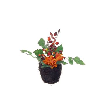 Artificial arrangement: dahlias and rose hips, ABED, in a basket, orange-red, 17cm, Ø10cm