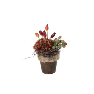 Decorative arrangement: dahlias, rose hips and grapes, ‘MUSAN’, decorative pot, red-orange-green, 10 cm, Ø7 cm