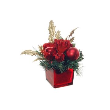 Plastic arrangement: roses, pine, holly (HALANA) with baubles, decorative glass, red-gold, 5.1"/13cm, Ø7.5"/19cm Plastic arrangement: roses, pine, holly (HALANA) with baubles, decorative glass, red-gold, 5.1"/13cm, Ø7.5"/19cm