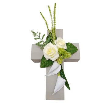 Plastic flower arrangement: rose, calla lily, hops – LONNE, plant cross, white and green, 35 x 18 x 10 cm