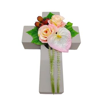 Artificial flower arrangement: rose, anthurium, rosehip NINNA, plant cross, pink-white-red, 30x18x11cm Artificial flower arrangement: rose, anthurium, rosehip NINNA, plant cross, pink-white-red, 30x18x11cm