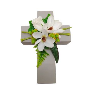 Decorative floral arrangement: magnolia, rose, St John’s wort TORVI, plant cross, white, 26x18x10cm Decorative floral arrangement: magnolia, rose, St John’s wort TORVI, plant cross, white, 26x18x10cm