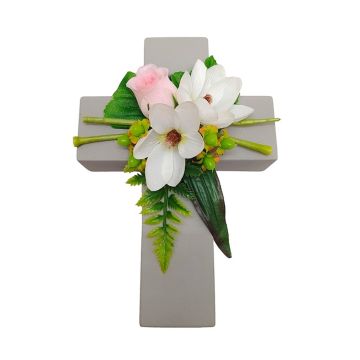 Decorative floral arrangement: magnolia, rose, St John’s wort TORVI, plant cross, white and pink, 26x18x10cm Decorative floral arrangement: magnolia, rose, St John’s wort TORVI, plant cross, white and pink, 26x18x10cm