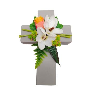 Decorative flower arrangement: magnolia, rose, St John’s wort TORVI, plant cross, white-yellow-salmon, 26x18x10cm Decorative flower arrangement: magnolia, rose, St John’s wort TORVI, plant cross, white-yellow-salmon, 26x18x10cm