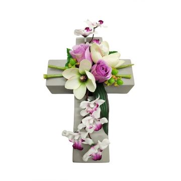 Artificial flower arrangement: magnolia, orchid, rose (OVANA), plant cross, white-purple-cream, 28x18x10cm Artificial flower arrangement: magnolia, orchid, rose (OVANA), plant cross, white-purple-cream, 28x18x10cm