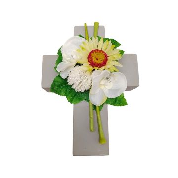 Artificial flower arrangement: Gerbera, orchid, Allium ANSGAR, plant cross, white-yellow, 20x15x9cm