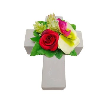 Decorative arrangement: rose, orchid, hops ‘ARIADNA’, plant cross, red-green-pink, 20x15x9cm Decorative arrangement: rose, orchid, hops ‘ARIADNA’, plant cross, red-green-pink, 20x15x9cm
