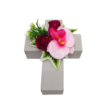 Plastic flower arrangement: Phalaenopsis orchid, rose ‘ARLOMA’, plant cross, pink-red, 20x15x11cm Plastic flower arrangement: Phalaenopsis orchid, rose ‘ARLOMA’, plant cross, pink-red, 20x15x11cm