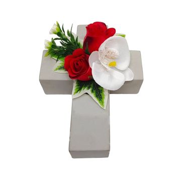 Plastic flower arrangement: Phalaenopsis orchid, ARLOMA rose, plant cross, white and red, 20x15x11cm Plastic flower arrangement: Phalaenopsis orchid, ARLOMA rose, plant cross, white and red, 20x15x11cm